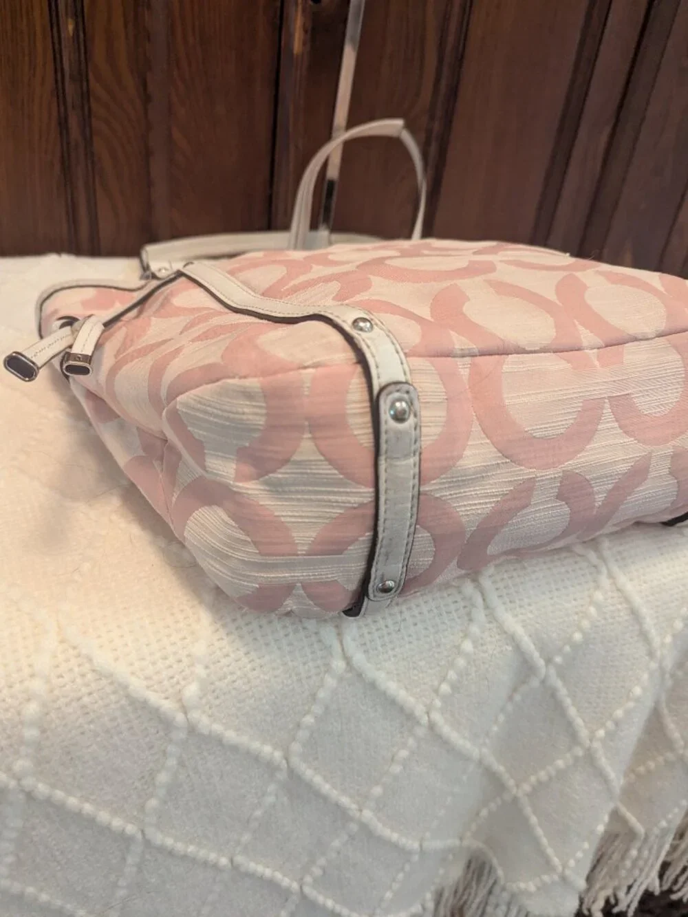 Coach Audrey Op Art Shantung Signature Pink & White Tote Crossbody 19572